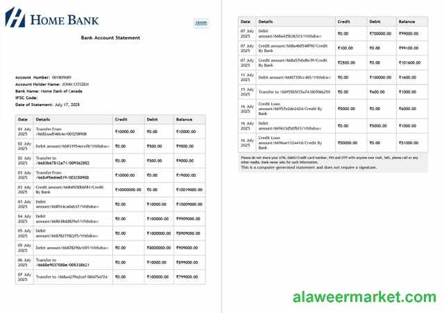 Canada Home bank of Canada account statement Word and PDF template, 2 pages